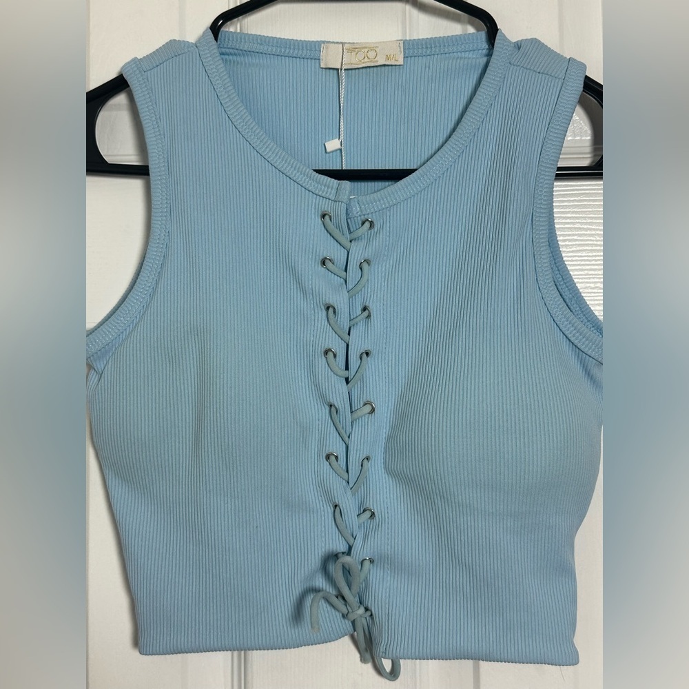 Blue Ribbed Tie Front Crop Top